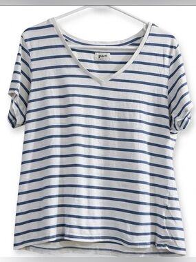 Pact Organic Cotton Striped V-Neck T-Shirt Blue White Women's Size L